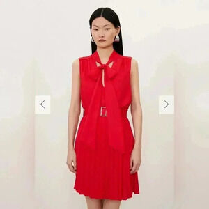 Karen Millen Pleated Georgette Tie neck Mini Dress sz 4 NWT